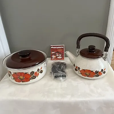 $50 • Buy Vintage Enamel Pan Sanko Ware Show Pans Poppy Flowers Pot And Tea Pot 70's Japan