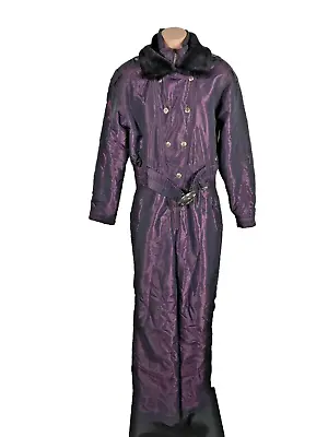 VTG 80s Fera Purple Iridescent Fur Collar One Piece Ski Snow Suit Womens 8 • $150
