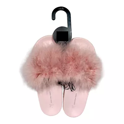 * Women's Fluffy Maribou Pool Slides Slippers * - Pink Color Size LARGE ( 9-10 ) • $29.99