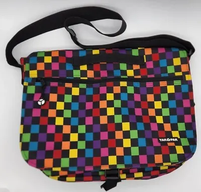 1990s Yak Pak Messenger Bag Multi Bright Checks Black Zipper Pocket Retro Cool • $29