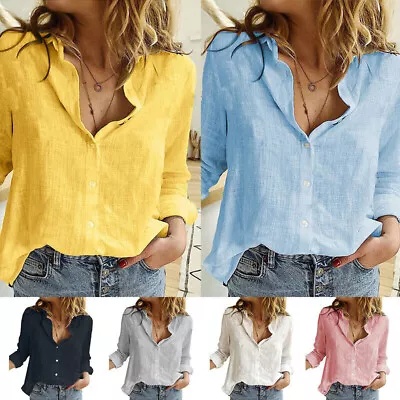 Womens Cotton Linen Plain Blouse Casual T-Shirt Ladies Baggy Long Sleeve Tops • £7.69
