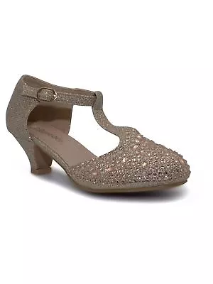 Girls Court Shoes Party Bridesmaid Glitter Diamante Wedding Low Heel T Bar Shoes • £14.99
