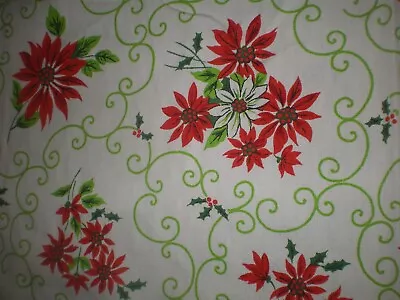 VTG Poinsettia Fabric Tablecloth 60 X 84  EUC Christmas Green Swirls Red Trim • $14.99