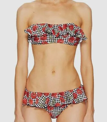$598 Moschino Women's Red Black Cherry Check Ruffle Two-Piece Bikini Swimsuit L • $79.98