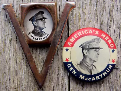 Lot 2 Vintage ~ GENERAL MacARTHUR ~ Pin PINBACK Button ~ V For Victory • $9.99