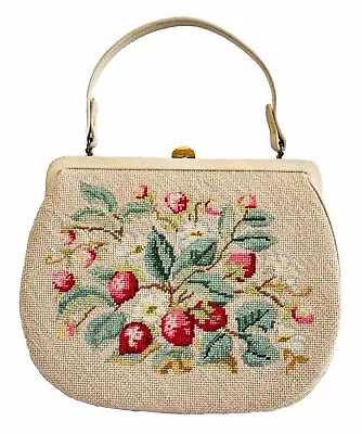 Vtg 1950s Switkes Wool Tapestry Purse Petit Point Embroidered Strawberries • $85