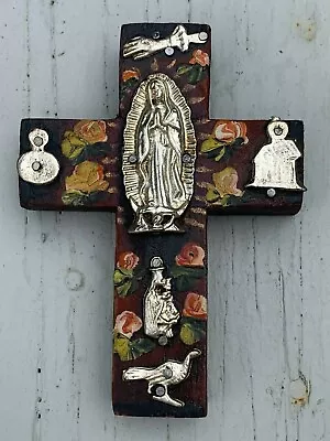 Mini Painted Wood Cross 3D Mexico Handmade Milagro 4x3 Virgin Mary Heart M12 • $14.90