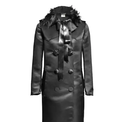 LANVIN H&M Navy Silk Trench Coat Embellished Buttons Fake Fur Collar New Sm 36 • $124.44