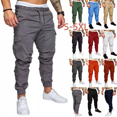 Mens Elasticated Waist Cargo Combat Work Trousers Joggers Pocket Cuffed Pants UK • £12.99