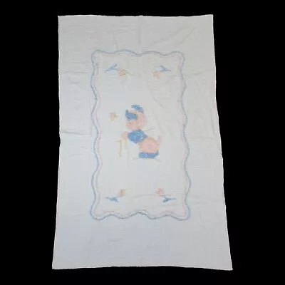 Vintage Chenille Baby Crib Blanket 1950s Lovey Cat Kitten Pink Blue Yellow • $24.98