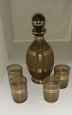 Vintage Bohemian Frosted Glass Smokey Amber Gold Gilt Decanter Glass Set 1960's • $59