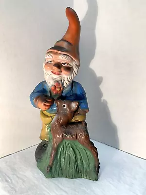 Vintage Garden Gnome W Deer West Germany Flower Plastic Rubber Vibrant Colors • $38.95