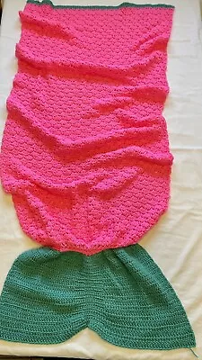 Little Mermaid Tail Blanket Knitted Crocheted Neon Pink Green Girl Cozy Handmade • £53.52