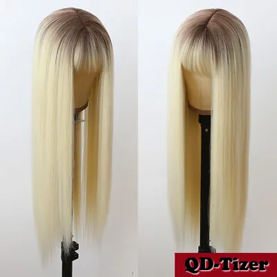 $20.40 • Buy Women Ombre Brown Blonde Synthetic Long Straight Wig Cosplay Hair Wig Full Bangs