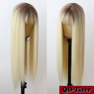 Women Ombre Brown Blonde Synthetic Long Straight Wig Cosplay Hair Wig Full Bangs • $17.42