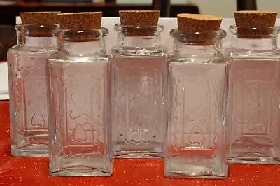 Embossed Glass Storage Jars With Cork Tops Set Of 6 Jars   4 Oz Each • $27
