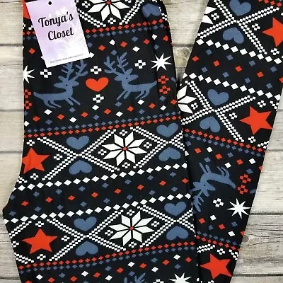 Reindeer Christmas Holiday Leggings Snowflake Buttery Soft ONE SIZE OS • $11.96