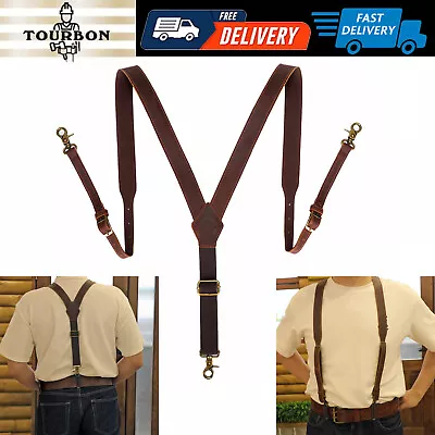 TOURBON Leather Men Suspenders Y Back Adjustable Y-Shape Pants Braces Heavy Duty • $34.99