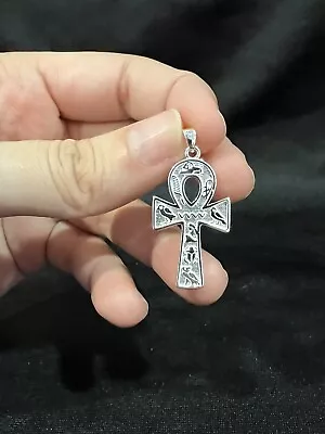 925 Sterling Silver Men Egyptian Cross Hieroglyphics Ankh Key Of Life Pendant • $20