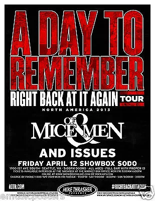 A Day To Remember/of Mice & Men  Right Back At It Again 2013 Tour Concert Poster • $17.31