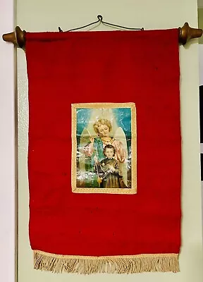 Vtg Religious Church Altar Banner Angel Watching Over Child With Hanging Bar • $39.95