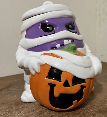 2010 Halloween Target Mummy Pumpkin Cookie Jar Purple Toothy Face Goblin • $45