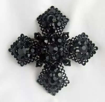 Vintage Black Faceted Rhinestone Filigree Metal Maltese Cross Mourning Brooch • $24.95