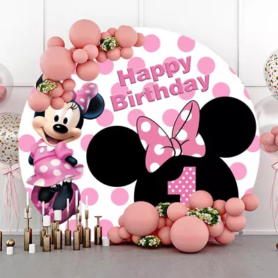 Round Minnie Birthday Party Backdrop One Years Old 1st Birthday Photo Background • $82.49