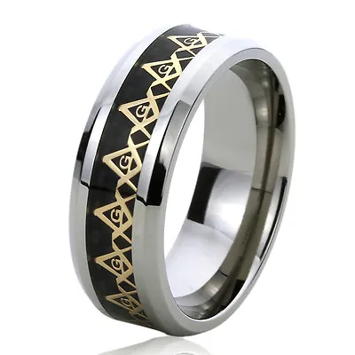 Men Women  Engraving 8MM Titanium Wedding Band Ring Gold Tone Masonic Symbol • $37.10
