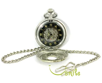 Unisex Chain Half Hunter Hand-winding Mechanical Stainless Steel Pocket Watch • £11.69