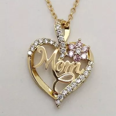 Sparkling Rhinestone Decor Flower MOM Heart Pendant Necklace Silver Or Gold • $12.99