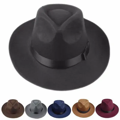 Vintage Men Women Hard Felt Hat Wide Brim Fedora Trilby Panama Hat Gangster Cap • £10.79