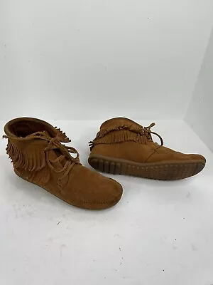 Minnetonka Brown Suede Double Fringe Lace Up  Boots Size 8 Moccasin Shoes • £26.99