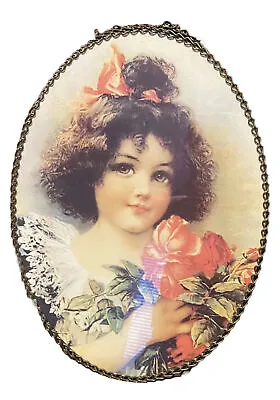 Vtg Victorian Girl Roses Oval Flue Cover Metal Border Floral Gallery Graphics • $12.99