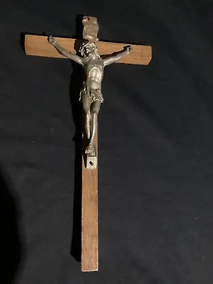 Vintage Wood And Metal Crucifix Jesus 24cm Tall INRI Cross Wall Hanging • £19.95