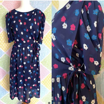 Vintage 80s Blue Floral Secretary Dress M/L • $39