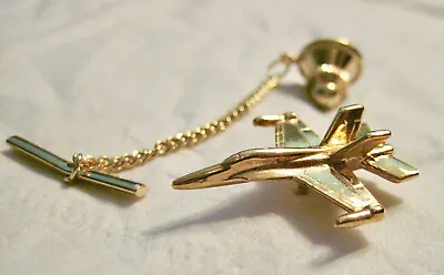 $4.99 • Buy Jet Plane 2 Vertical Stabilizers F18 Gold Color Tie Tack Pin With Chain