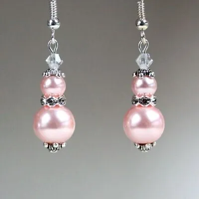 8-12mm Light Pink Shell Pearls Vintage Silver Drop Dangle Earrings Wedding Gift • $3.06