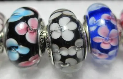 3 Pandora Murano Charm Field Of Flowers Pink White Blue Daisy Black Glass Beads • $0.99