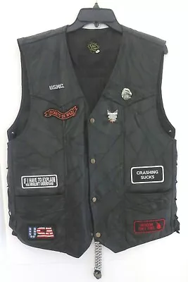 Mens Canyon Creek Black Leather Motorcycle Biker Vest W/ Patches & Pins Size L • $15