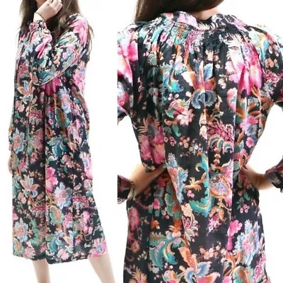 Matta NY Lena Chandra Black Floral 100% Cotton Midi Dress Size L • $109