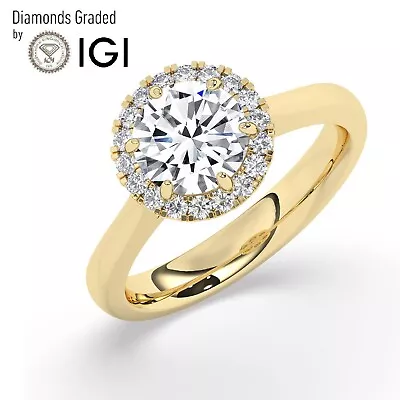 Round Solitaire Halo 14K Yellow Gold Engagement Ring2 Ct Lab-grown IGI • $1792