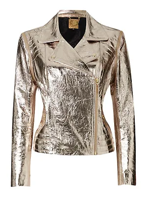£249.99 • Buy New Biba Ltd. Edition Size 12 Metallic Gold Leather Zip Off Sleeve Biker Jacket 
