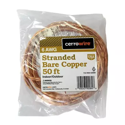 50 Ft. 6-Gauge Stranded SD Bare Copper Grounding Wire • $64.99