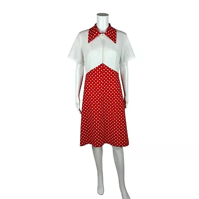 Vintage 70s Polka Dot Dress Women's Large Red White Front Zip Up Mini Minnie Bab • $51