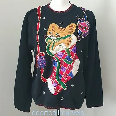 B.P. Design Christmas Sweater Beaded Kitten & Stocking Women Sz M VTG NWT • $42