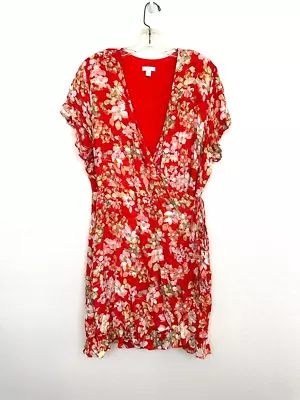 J. JILL Ruffle Trim Floral Wrap Dress Red Multi Stripe Floral Faux Wrap XL • $32.88