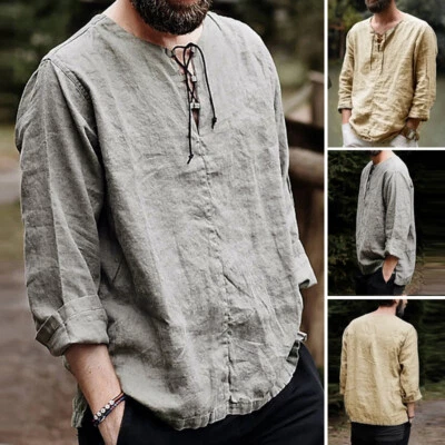 UK STOCK Mens Long Sleeve Vintage V-neck Tunic Tops Lace Up T Shirt Tops Blouses • £11.09