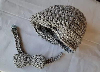 Grey Knit Baby Cap 0-3m Hand Crochet Peaky Blinders Flat Newsboy Hat & Bowtie • £4