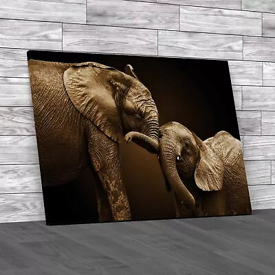 Loving Elephant With Infant Sepia Canvas Print Large Picture Wall Art • £14.95